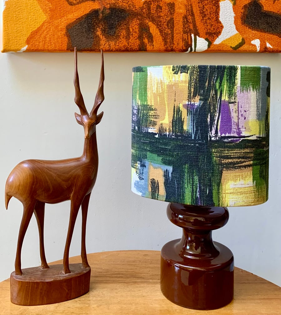 Abstract Mid Century Green Purple Black Yellow 50s 60s Vintage Fabric Lampshade