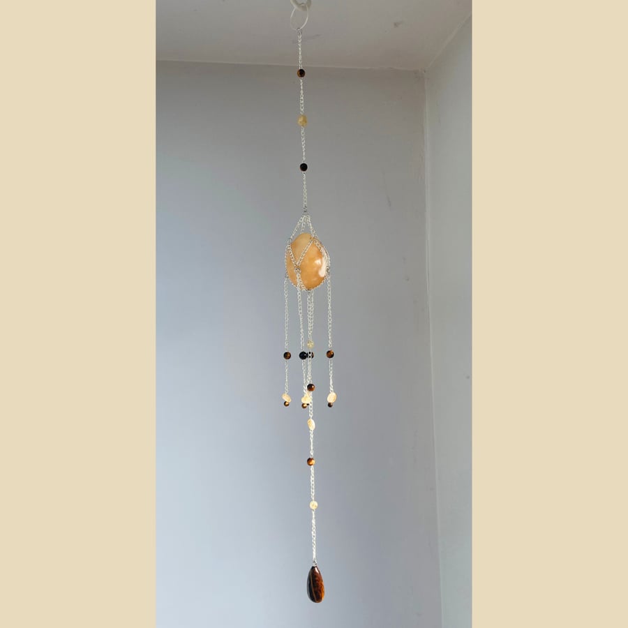 Yellow Calcite Egg and Tigers Eye Suncatcher  (Handmade Crystal Wall Hanging)
