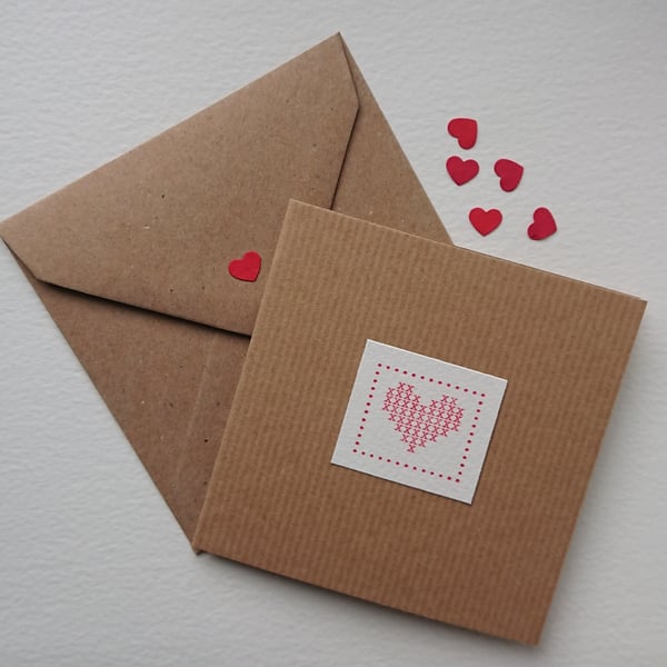 Valentine's day card - retro typed cross stitch heart - recycled and recyclable