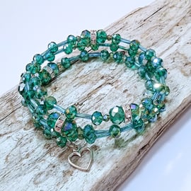 Green Crystal Bead Wrap Bracelet -UK Free Post