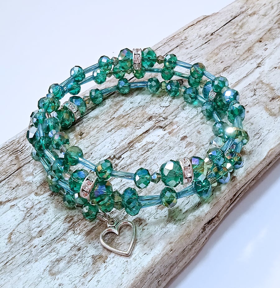 Green Crystal Bead Wrap Bracelet -UK Free Post