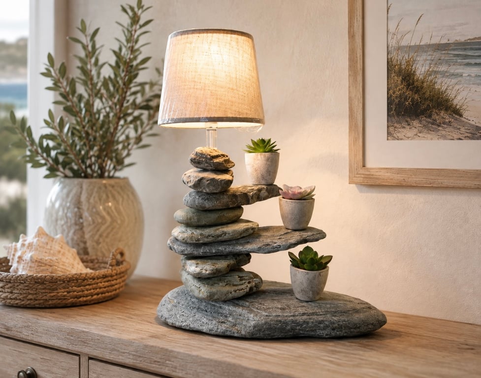 Handcrafted stone and pebble lamp