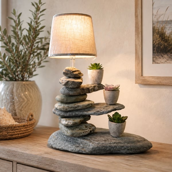 Handcrafted stone and pebble lamp