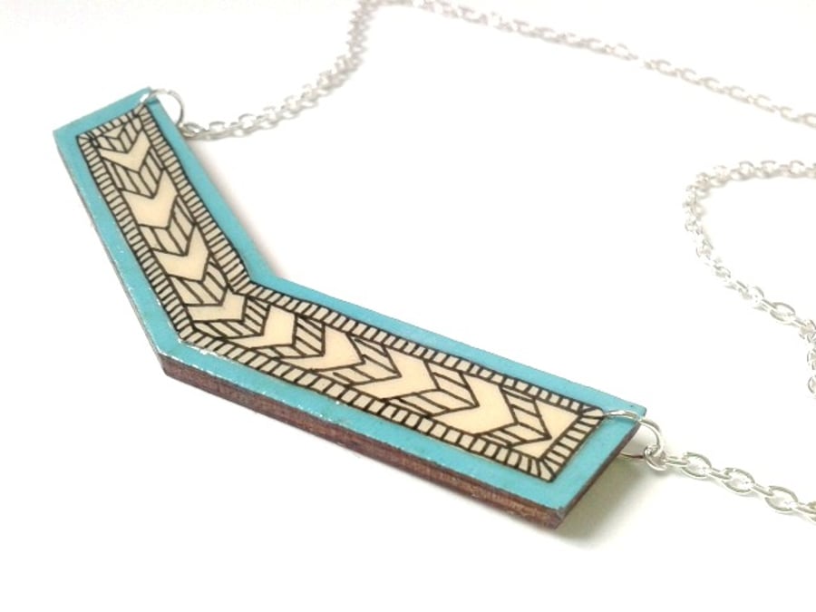 Turquoise Blue Illustrated Wooden Chevron Necklace