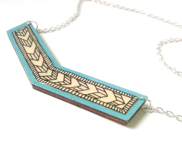 Turquoise Blue Illustrated Wooden Chevron Necklace
