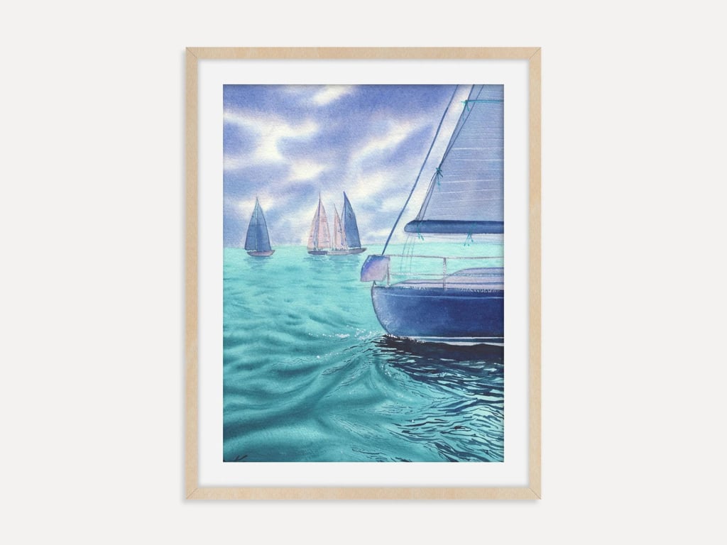 Sailboat Fine Art Print, Coastal Watercolor Wall Art, Nautical Seascape Decor