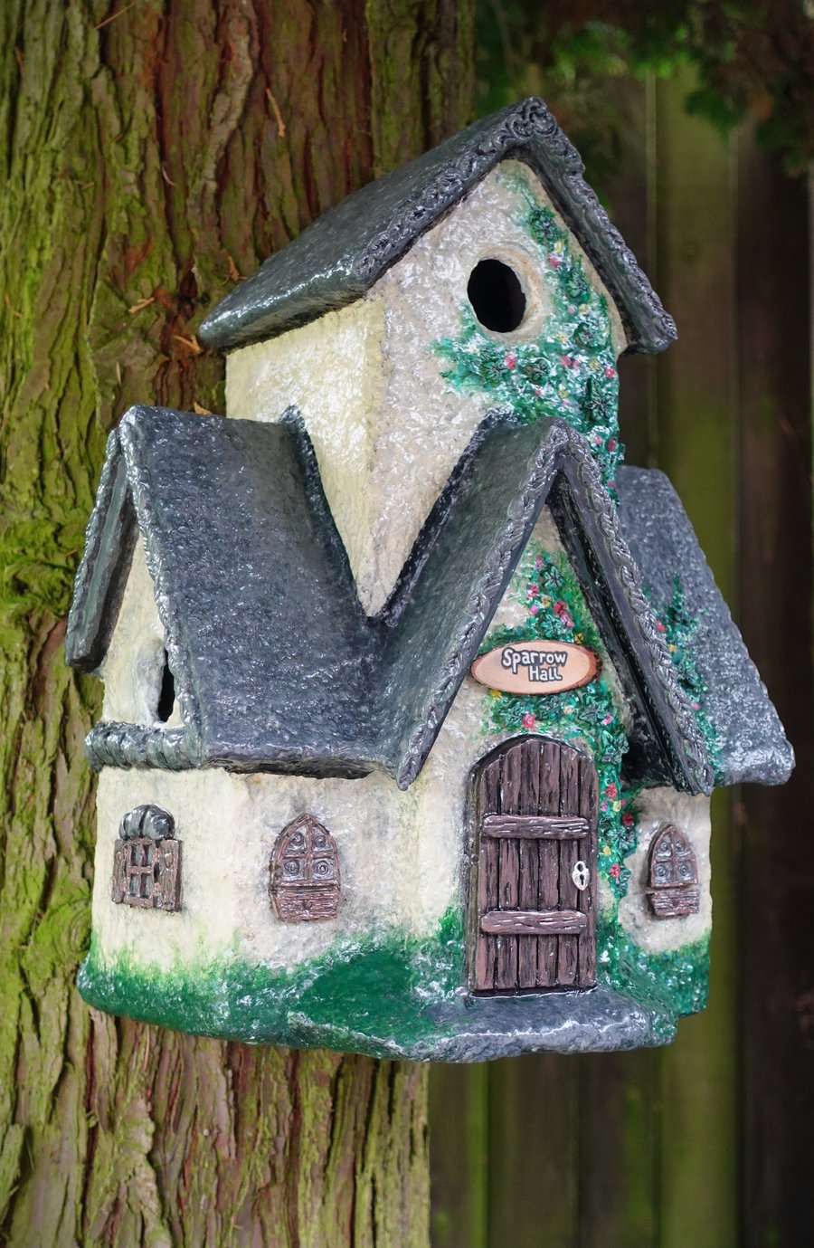 SPARROW HALL, unique hand sculpted triple nest birdhouse, whimsical bird lovers