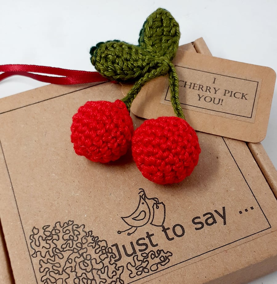 Crochet Cherry Brooch  - Alternative to a Greetings Card