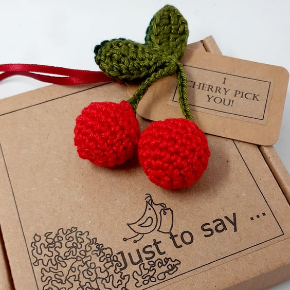Crochet Cherry Brooch  - Alternative to a Greetings Card