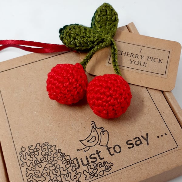 Crochet Cherry Brooch  - Alternative to a Greetings Card