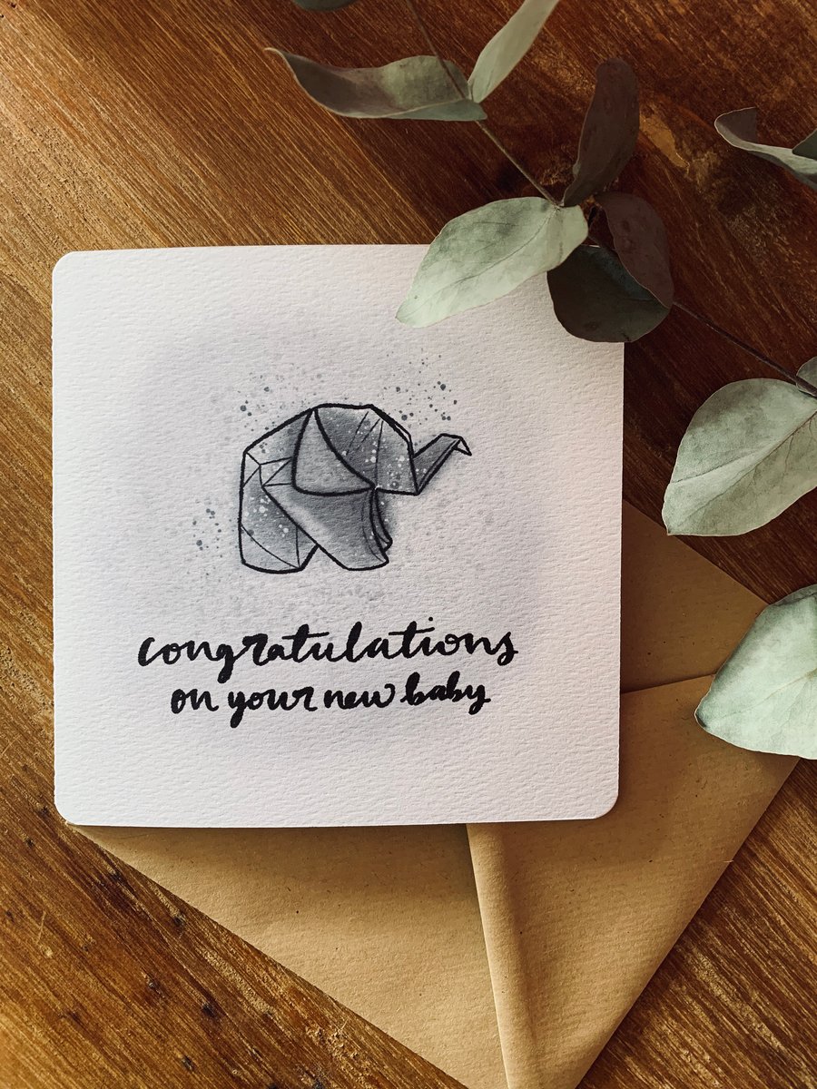 Congratulations on your new baby origami baby elephant card