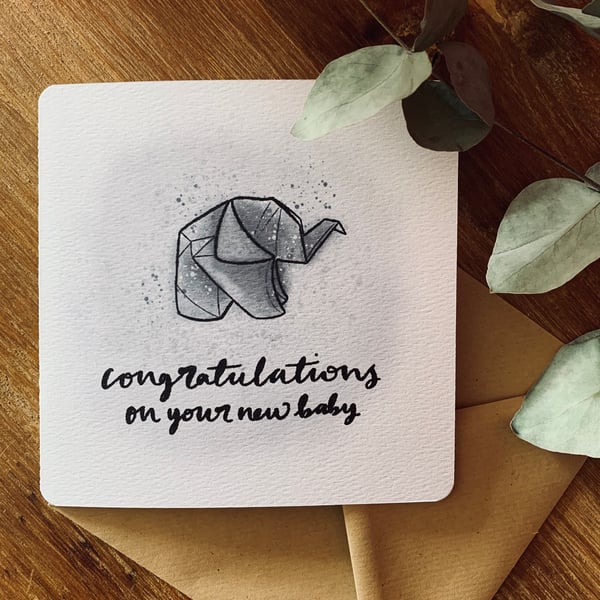 Congratulations on your new baby origami baby elephant card