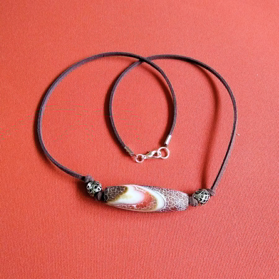 Large Banded Agate Gemstone Pendant Brown Cord Men Women Necklace 20 Inch