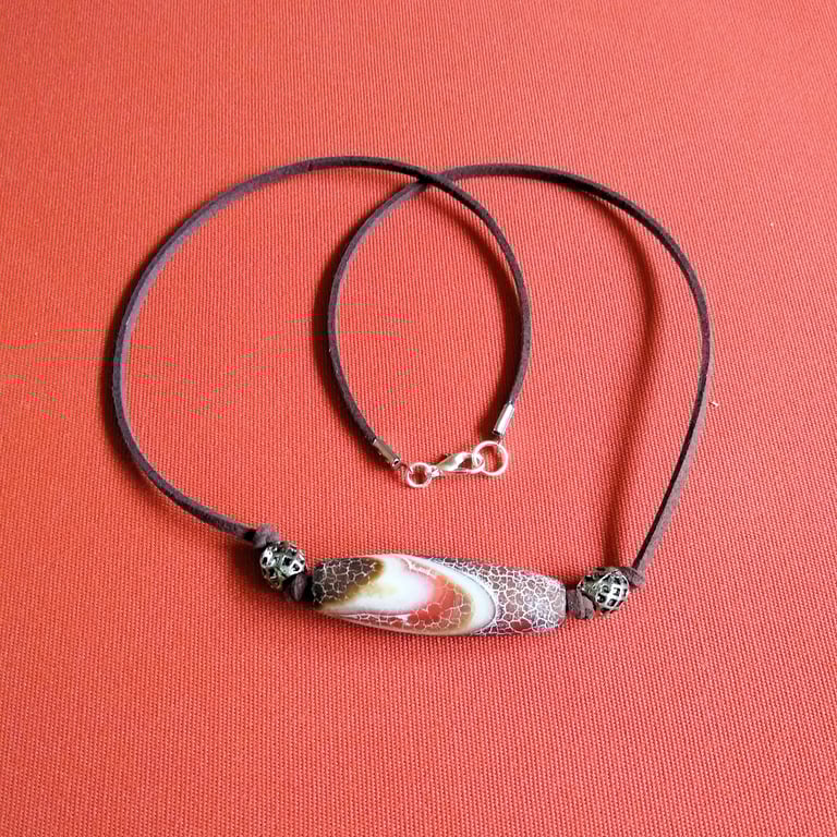 Large Banded Agate Gemstone Pendant Brown Cord Men Women Necklace 20 Inch