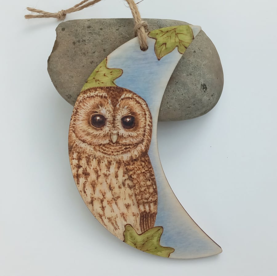 Tawny owl and ivy moon hanging decoration