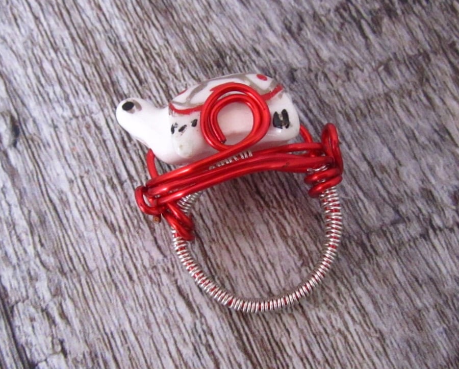 Red Turtle Ring, Turtle Wire Wrapped Ring, Animal Ring