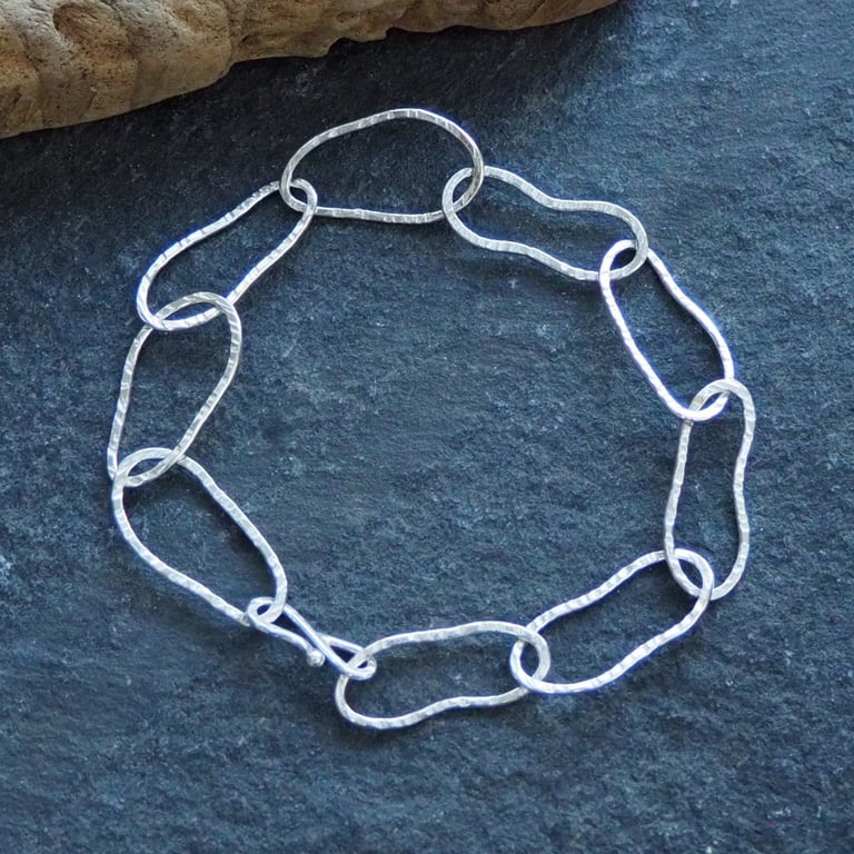 Argentium Silver hallmarked link bracelet, hammered silver, longer length