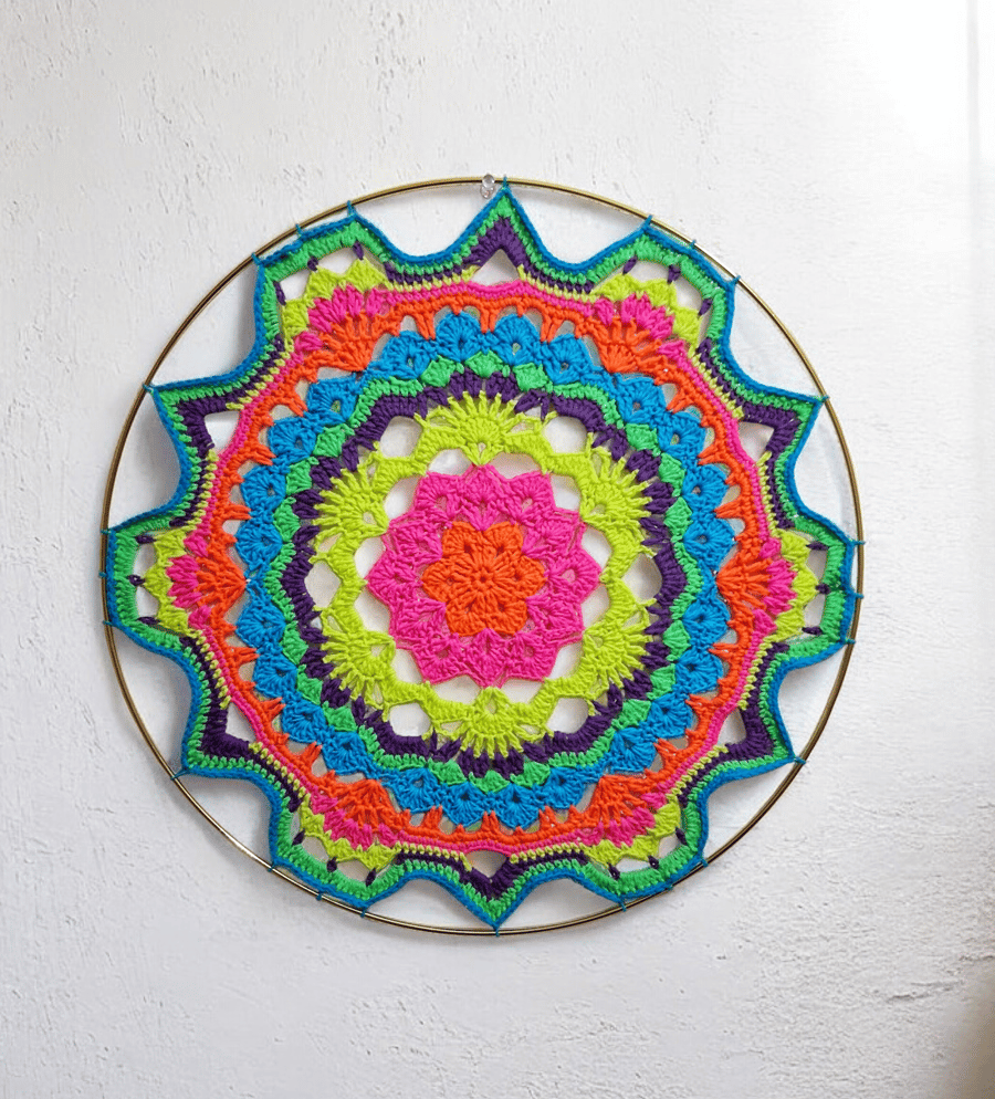 Large, bright crochet hooped mandala wall art