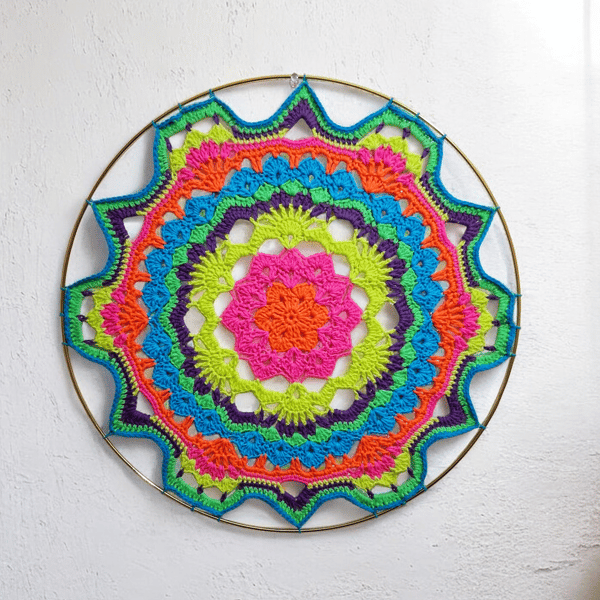 Large, bright crochet hooped mandala wall art