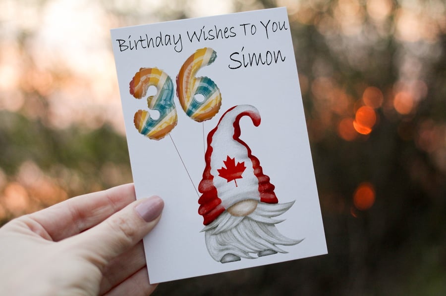 Canada Gnome Age Birthday Card, Card for 36th Birthday, Canadian Flag Gnome