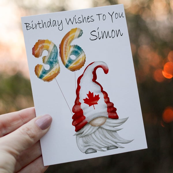 Canada Gnome Age Birthday Card, Card for 36th Birthday, Canadian Flag Gnome