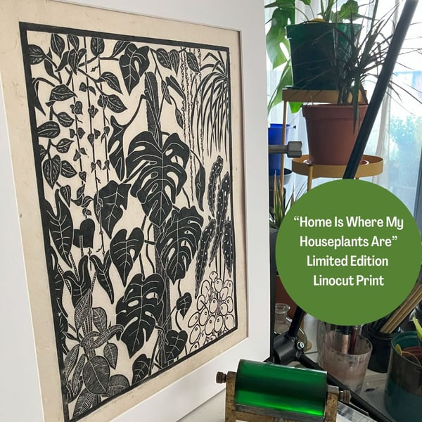 Lino Print - Home Is Where My Houseplants Are - Houseplants - Indoor Garden