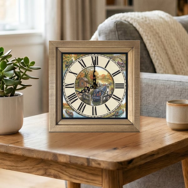 Vintage Style Canal Narrowboat Scene Square Wooden Wall Clock - Handmade 8x8" 