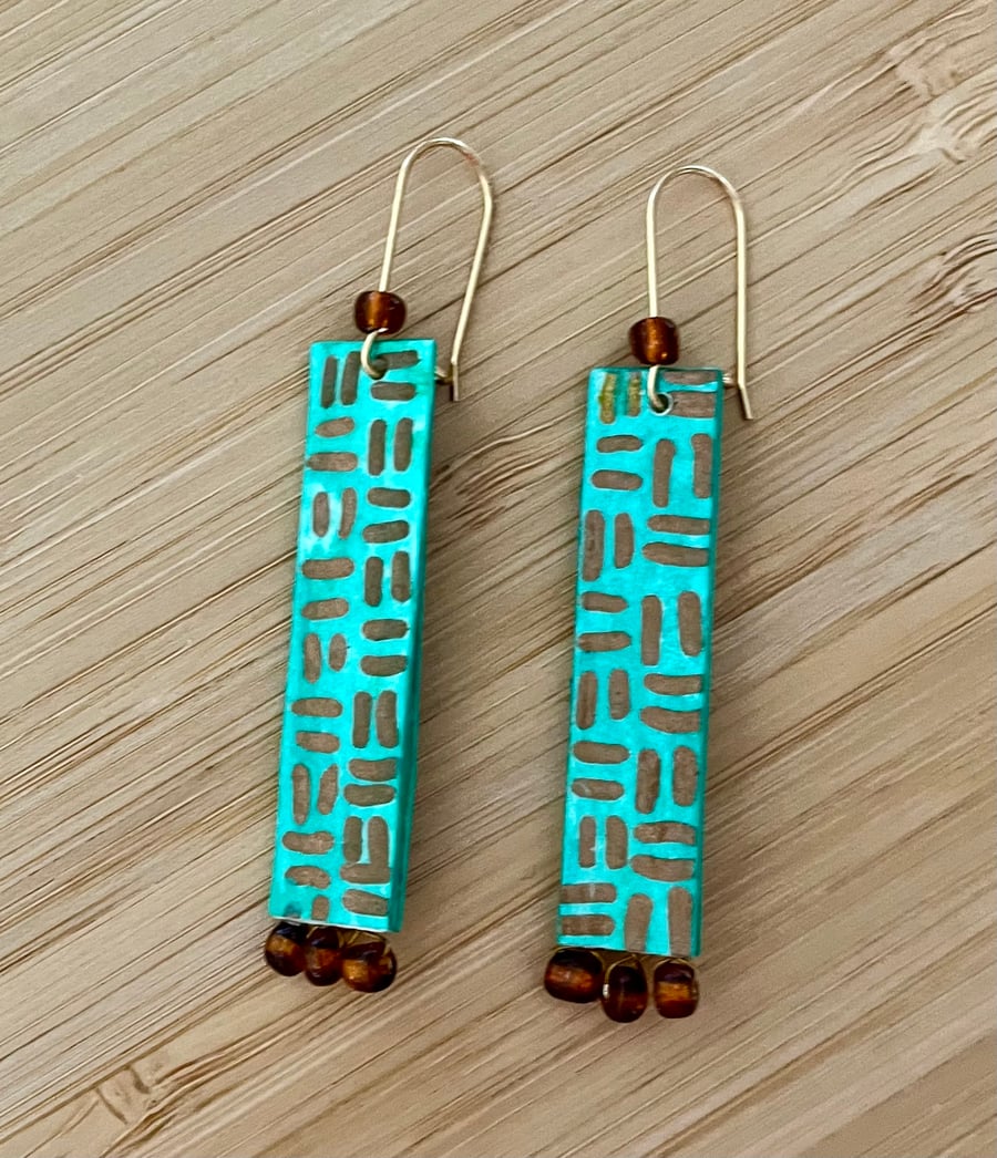 Long Rectangle, 5CM x 1CM wide, Hand-painted Paper Earrings with Beads