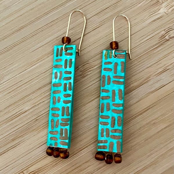 Long Rectangle, 5CM x 1CM wide, Hand-painted Paper Earrings with Beads