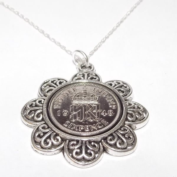 Floral Pendant 1949 Lucky sixpence 72nd Birthday plus a Sterling Silver 24in Cha