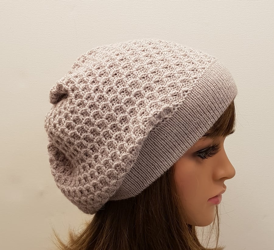 Handmade knitted alpaca baggy beanie, elegant tam, handmade beret