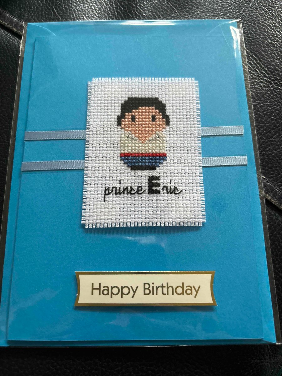 Cross stitched prince Eric happy birthday card 
