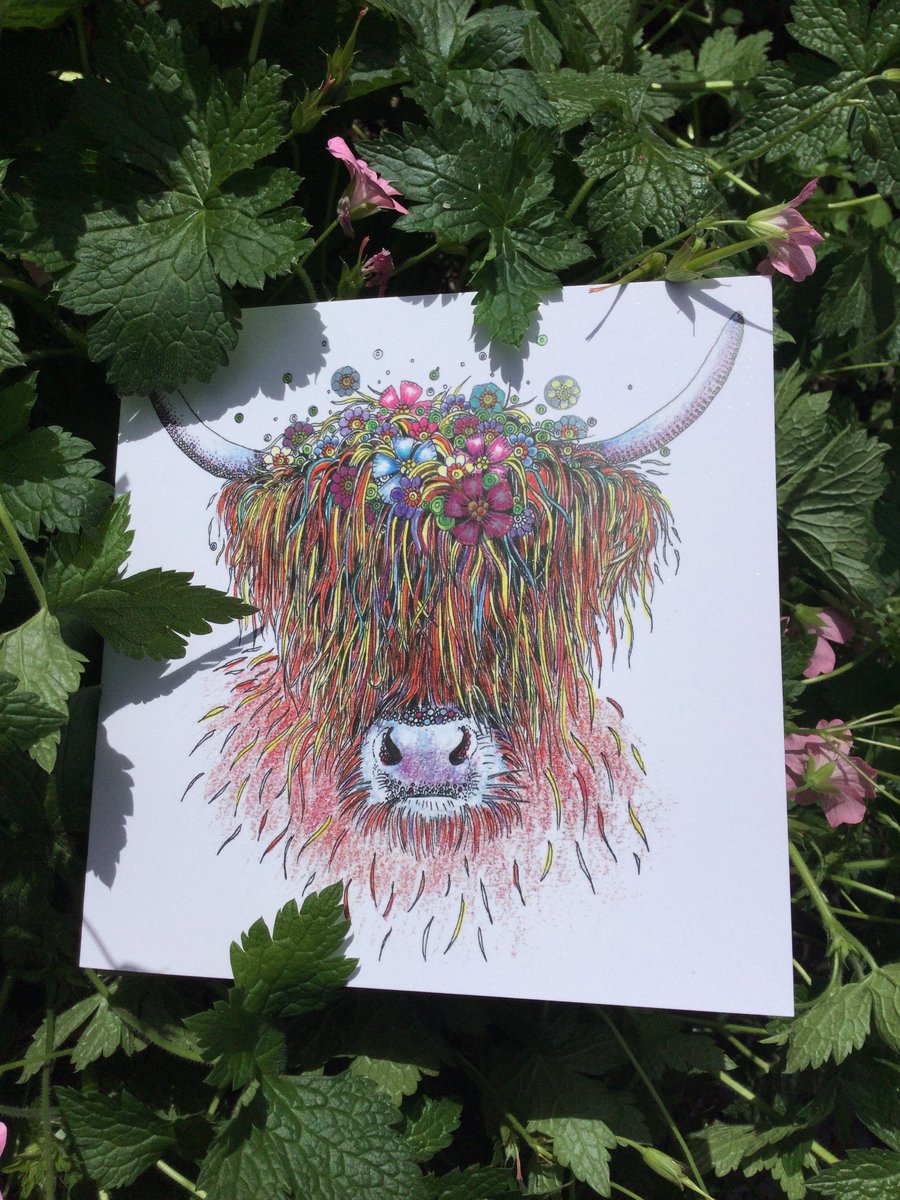 Sparkly floral Highland Cow  greeting card