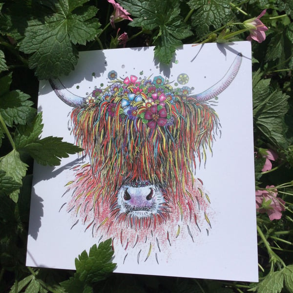 Sparkly floral Highland Cow  greeting card