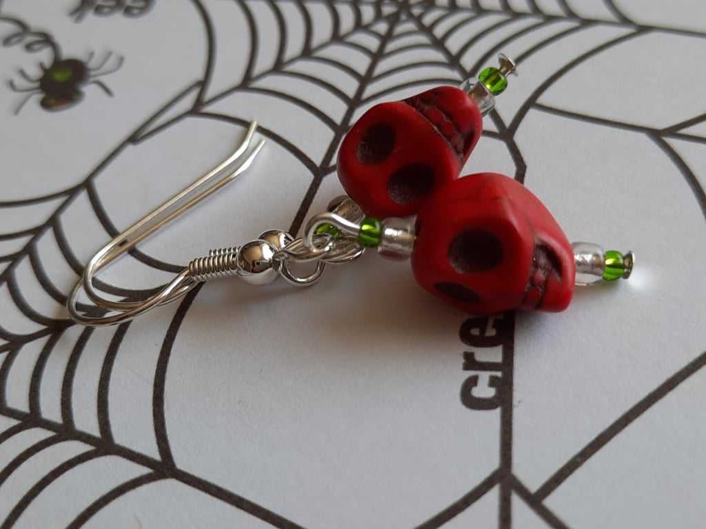 Dyed Howlite Skull Earrings - Red (2)