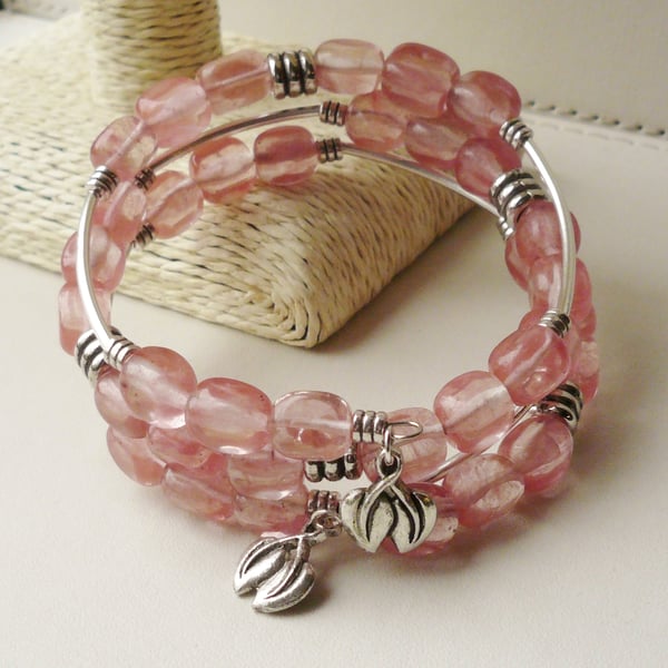 Wrap Around Memory Wire Bracelet Pink Cherry Quartz Bead Silver  KCJ1573