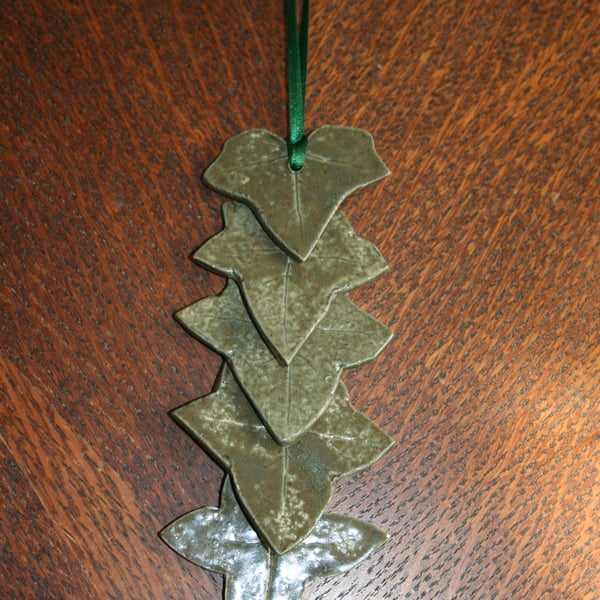 Handmade ceramic green ivy leaf hanging decoration 