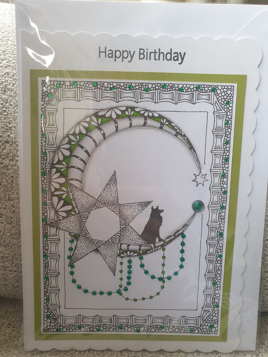 Hand drawn moon and dog birthday card