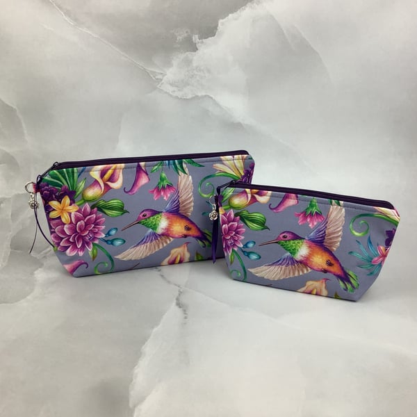 Hummingbirds zip bag, Birds makeup bag, 2 options, Handmade