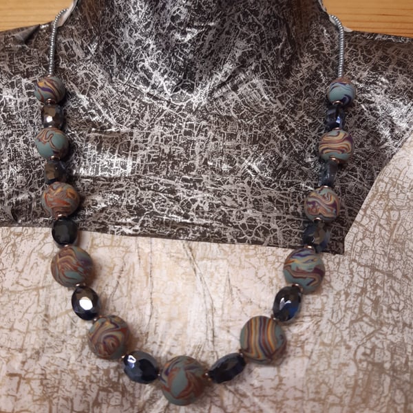 Turquoise, sienna, purple and tangerine polymer clay necklace