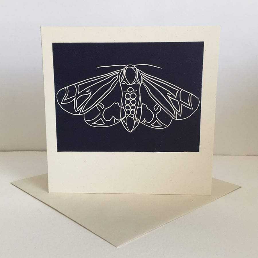 'Moth' hand printed linocut card, Prussian Blue