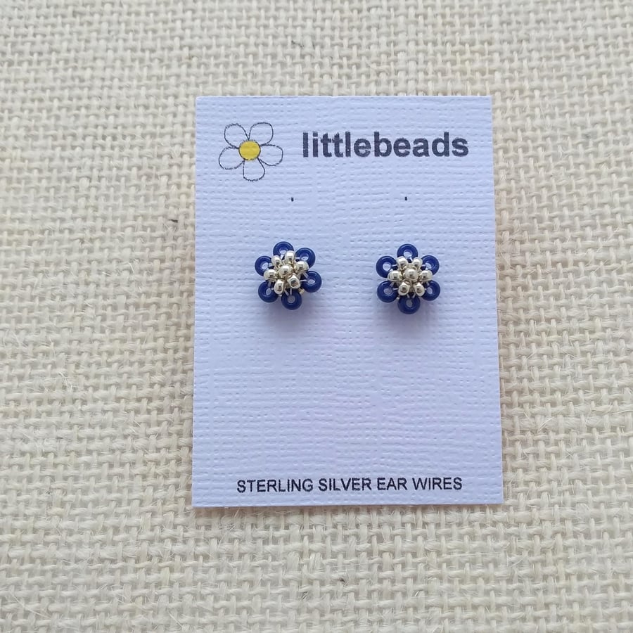 Navy and Silver Daisy Sterling Silver Stud Earrings