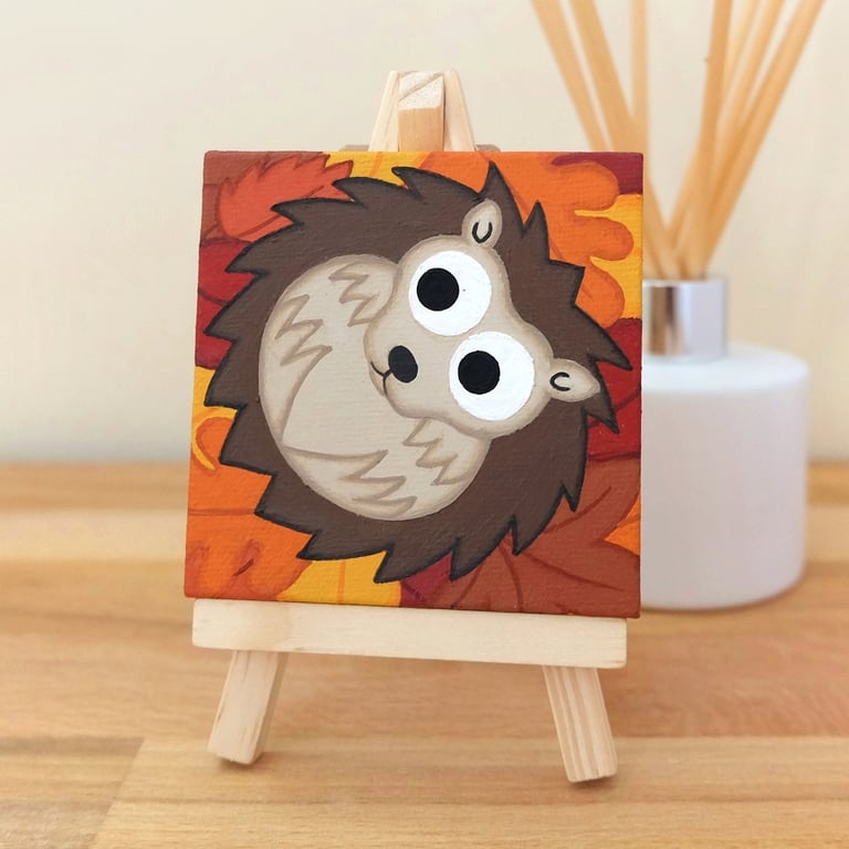 Hedgehog in Autumn Leaves Painting - original art gift for animal lovers