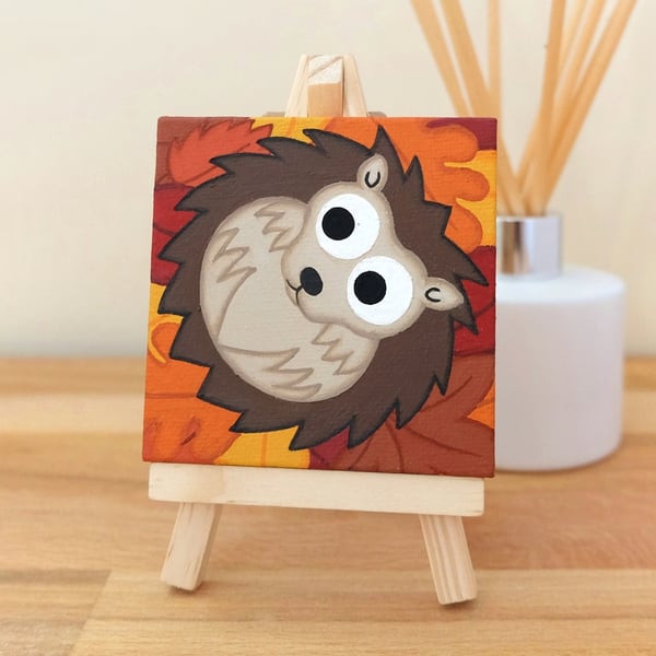 Hedgehog in Autumn Leaves Painting - original art gift for animal lovers