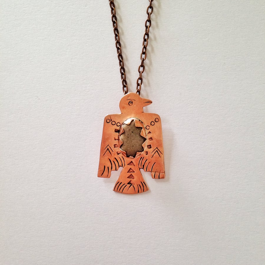 Copper and pebble thunderbird necklace 