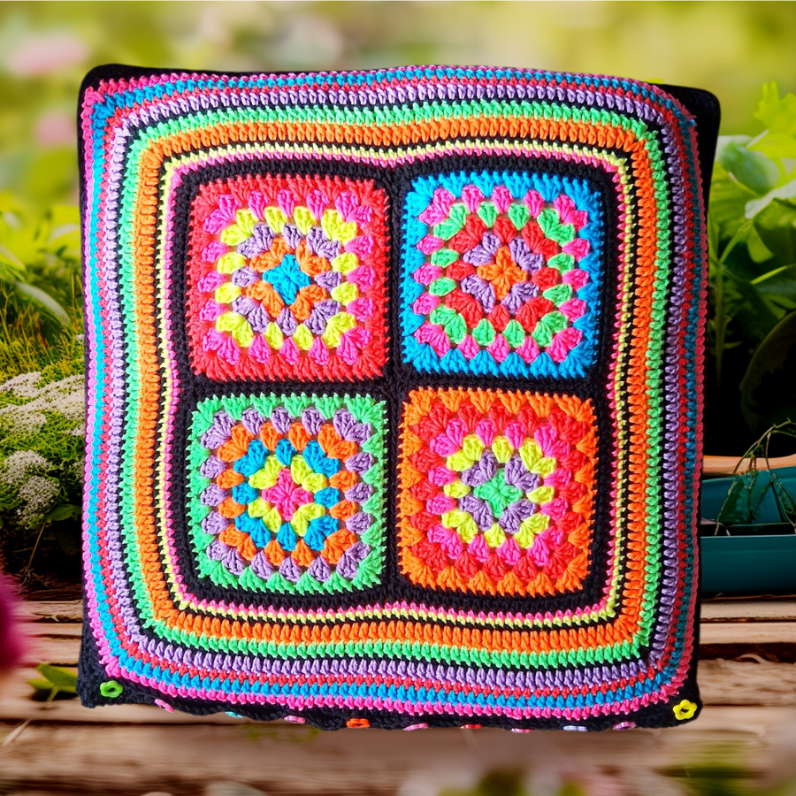 retro colourful crochet granny square cushion cover 