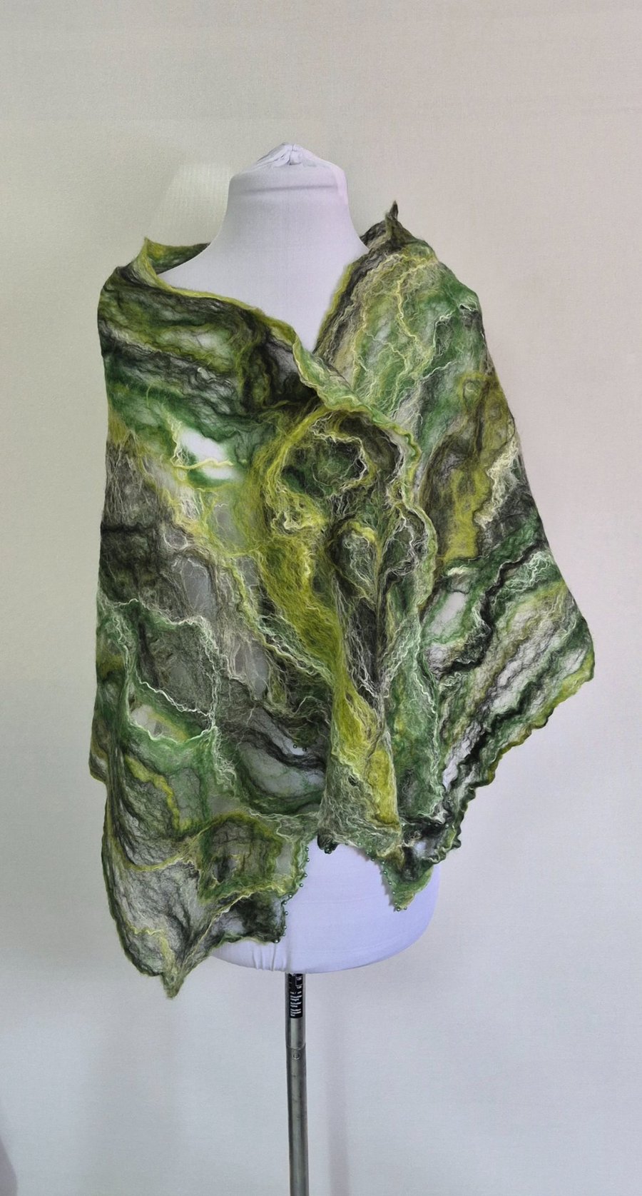 42. Cobweb Hand Felted Shawl in Various Shades of Green in Merino Wool and Silk.