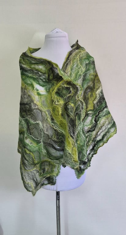 42. Cobweb Hand Felted Shawl in Various Shades of Green in Merino Wool and Silk.