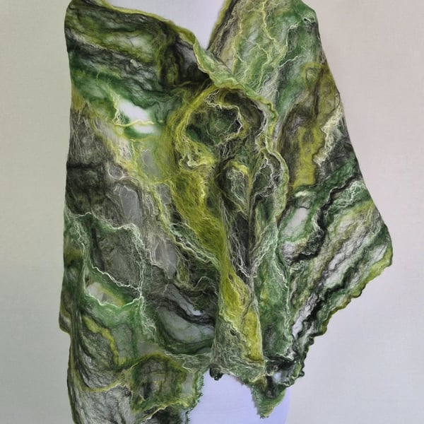 42. Cobweb Hand Felted Shawl in Various Shades of Green in Merino Wool and Silk.