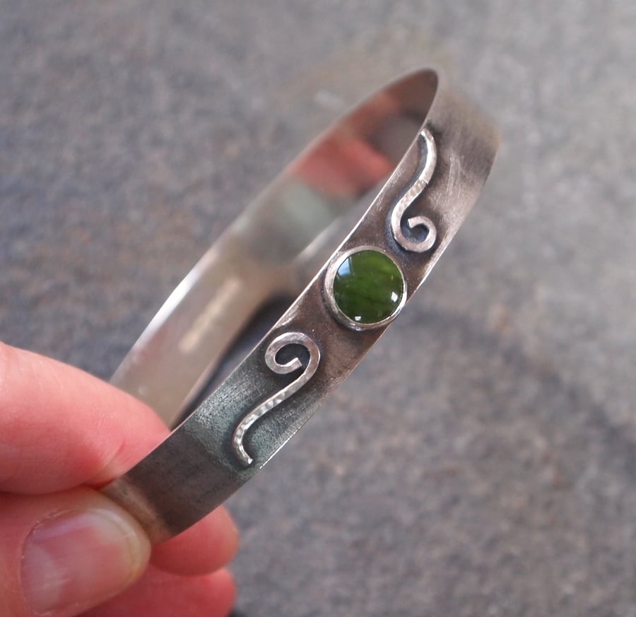Oxidised silver bangle with jade